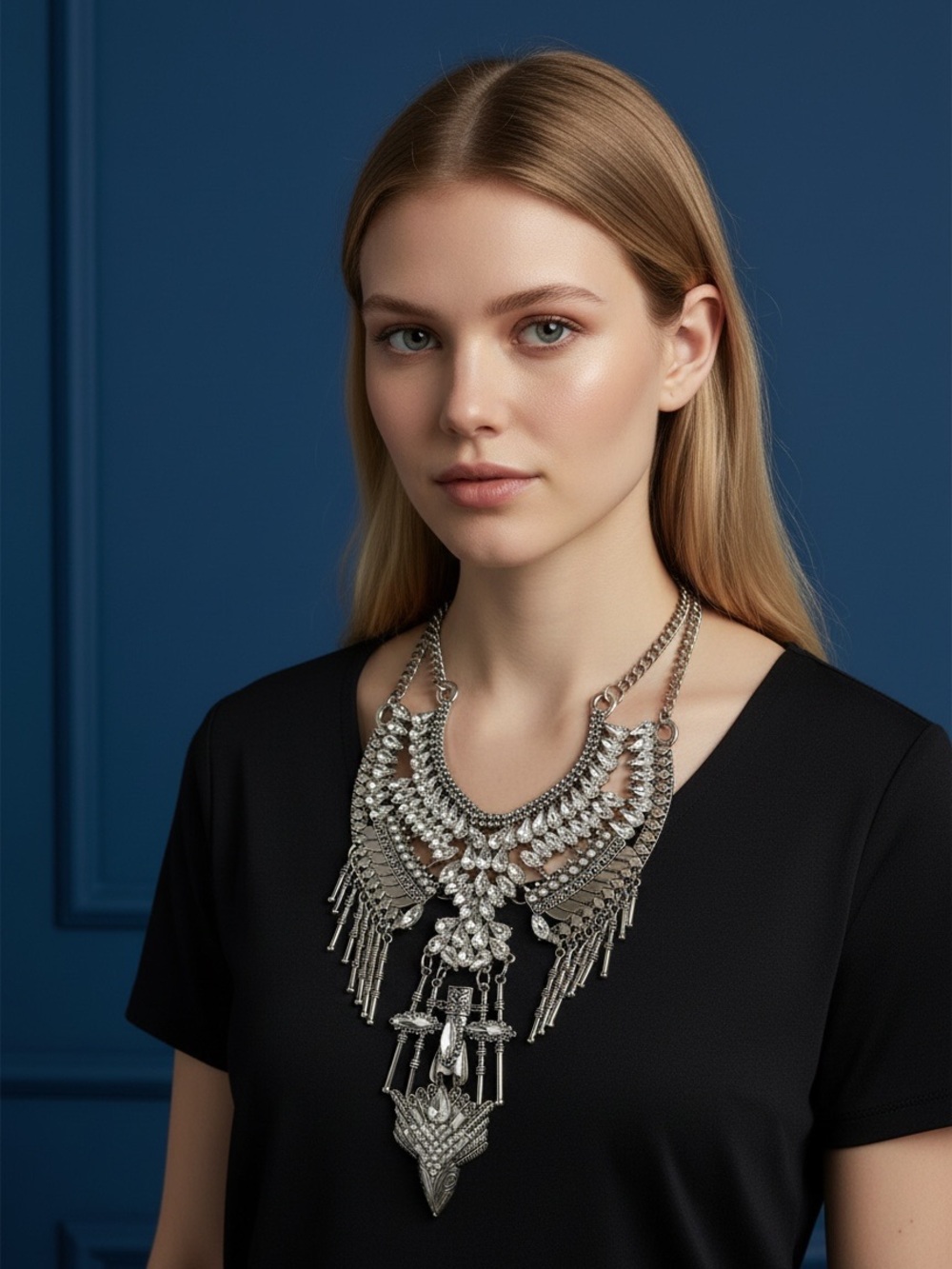 ❤️ Vintage Silver Metal Rhinestone IndianBoho Large Collar Stmt Necklace